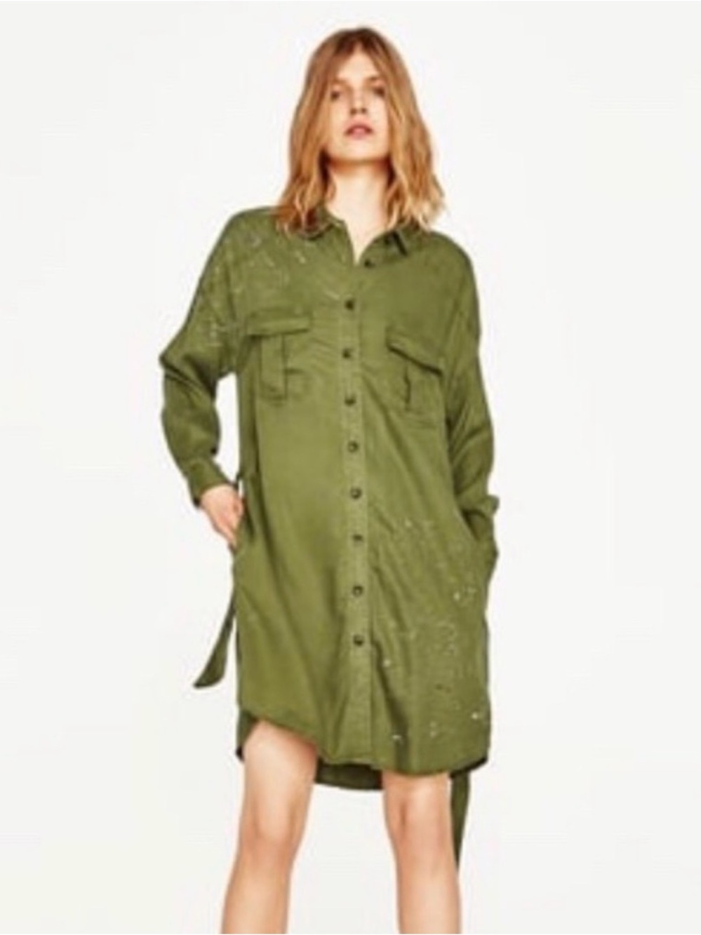 Zara Olive Green Long-Sleeve Shirt Dress
